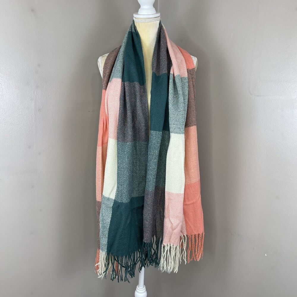 Unisex Multicolored Plaid Acrylic Fringe Scarf 70” x 24” Inches